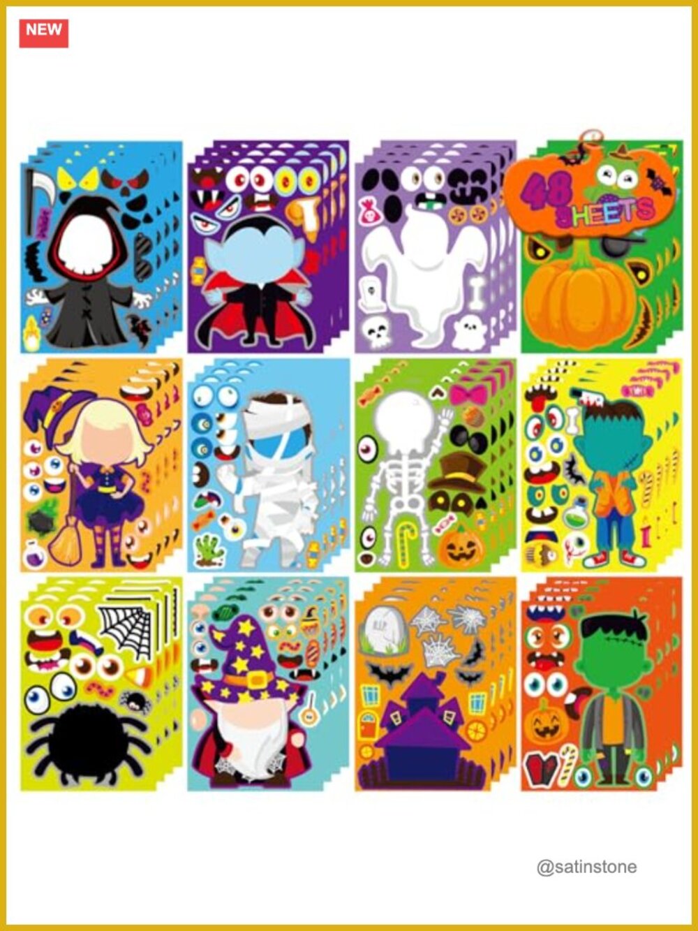 48-Piece Halloween Make-a-Face Stickers for Kids | Mix and Match Characters